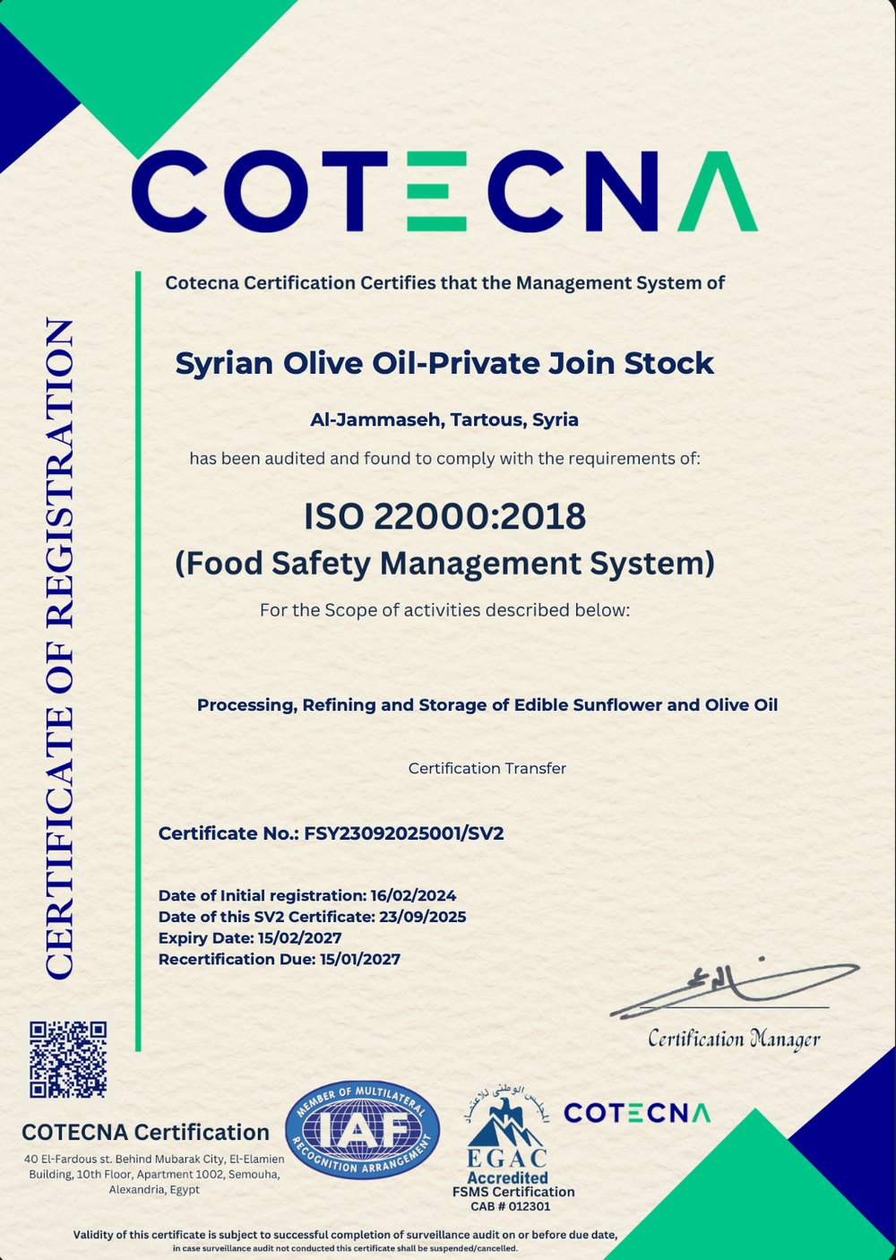 ISO 22000:2018 certificate issued by Cotecna Certification to Syrian Olive Oil