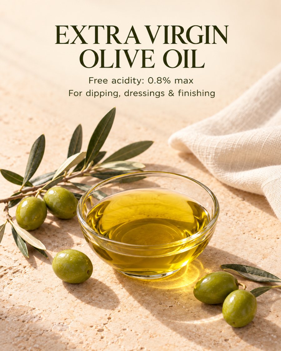 Extra Virgin Olive Oil. Free acidity 0.8% max. For dipping, dressings and finishing.