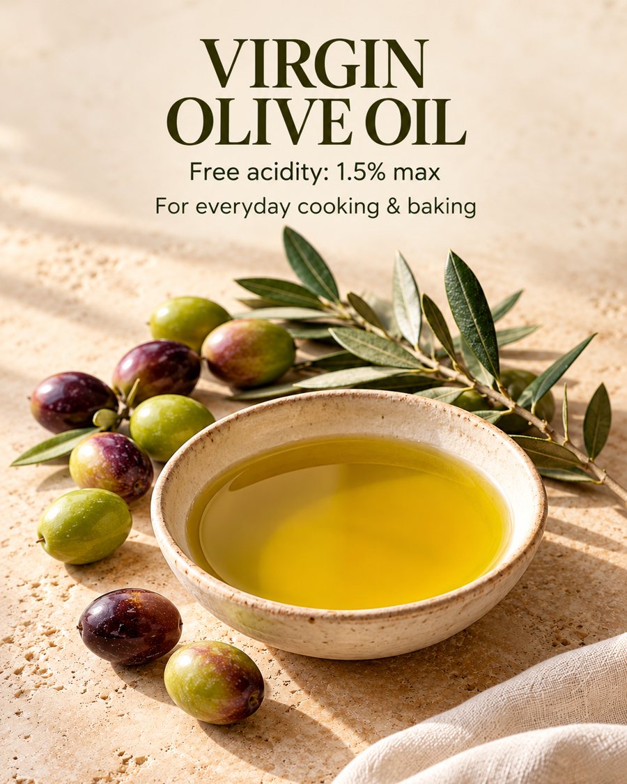 Virgin Olive Oil. Free acidity 1.5% max. For everyday cooking and baking.