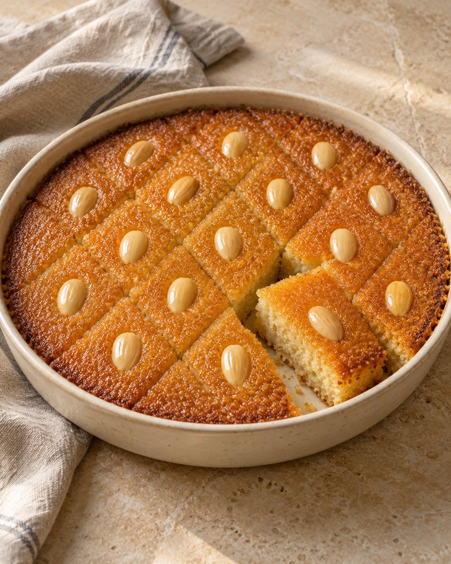 Basbousa cut into squares, each topped with an almond