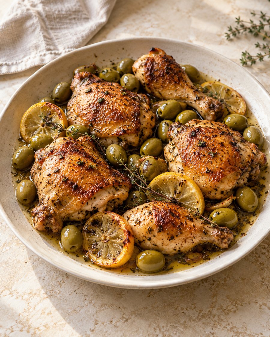 Roasted chicken with green olives, lemon and thyme