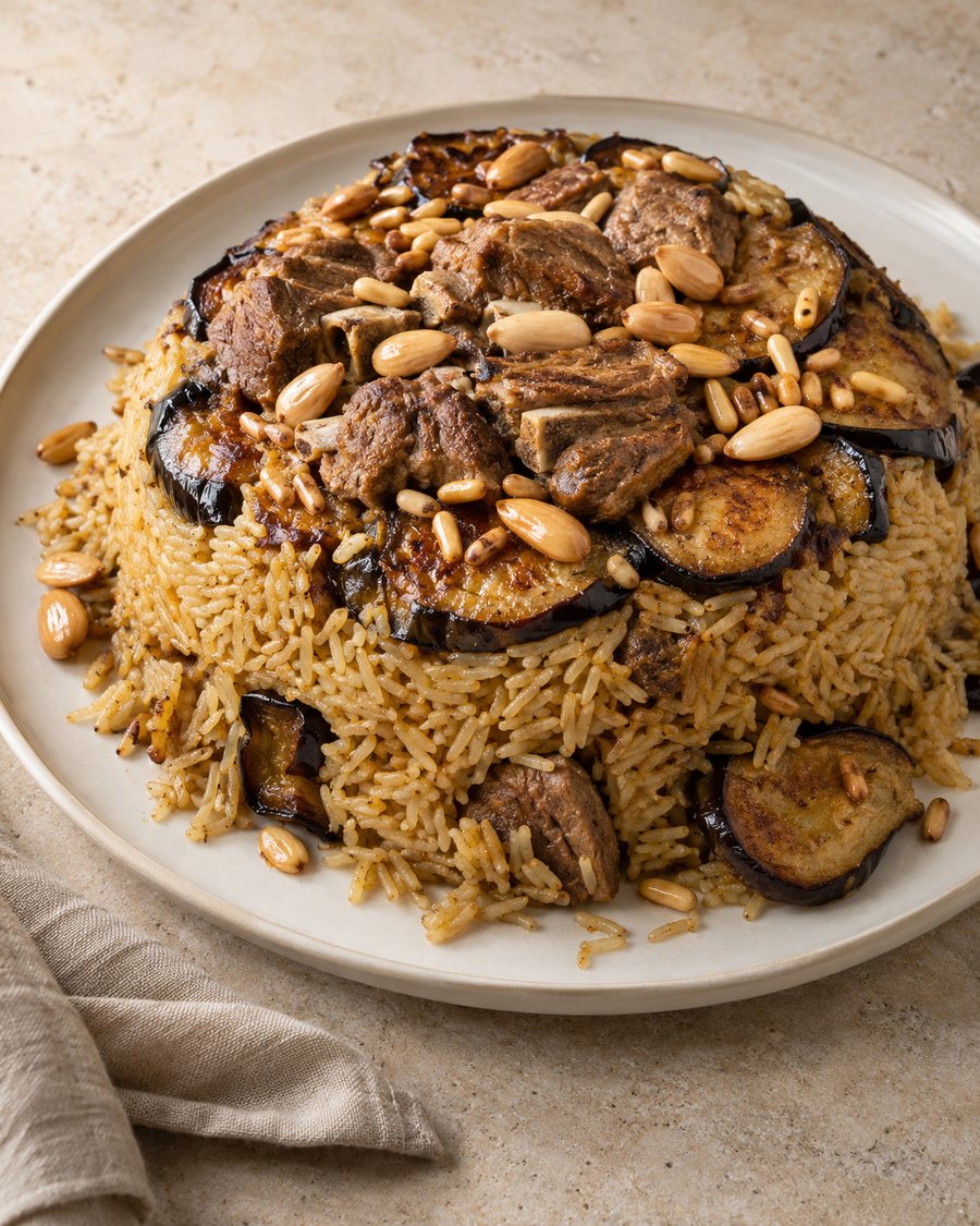 Lamb maqluba with aubergine, almonds and pine nuts