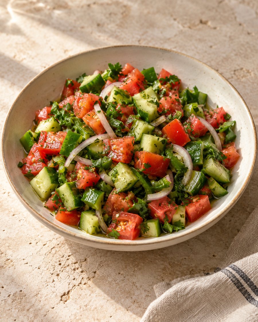 Chopped tomato, cucumber and parsley salad dressed with olive oil